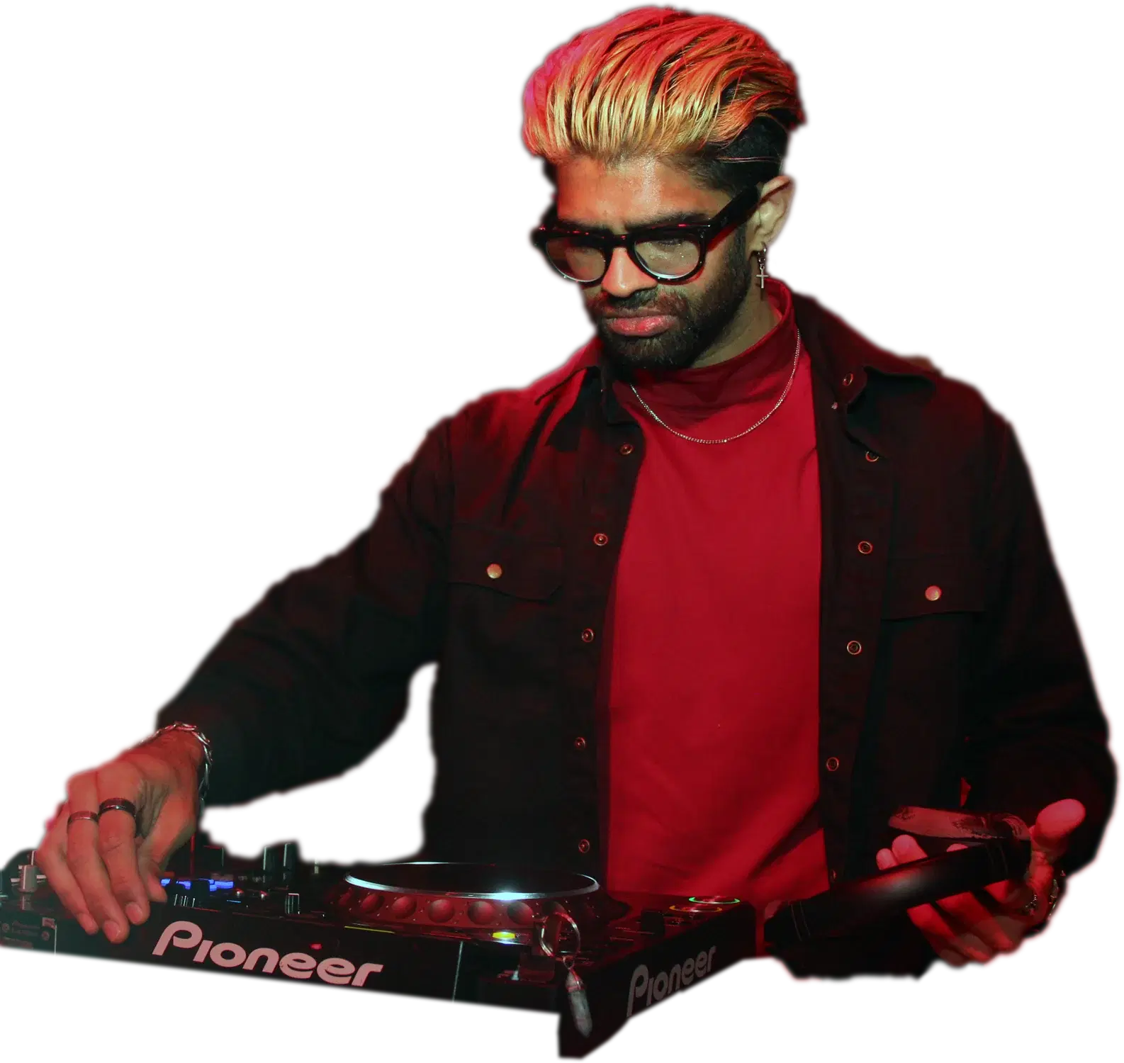 Dr Darp behind the Pioneer XDJ-RX3, mid-set